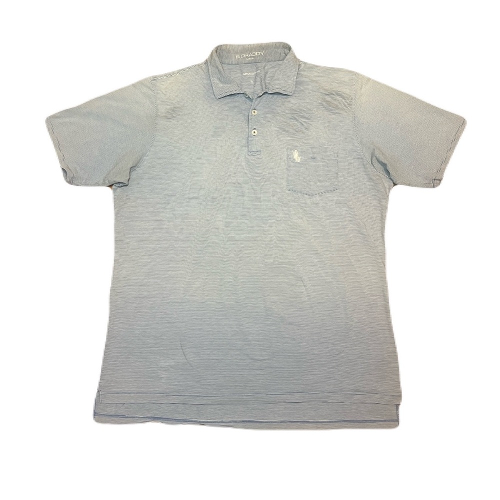 B. Draddy Liam Pocket Golf Polo in Batik Indigo Stripe, Men’s size Large